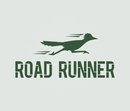 A graphic representation of a running roadrunner with the text "Road Runner" below it.